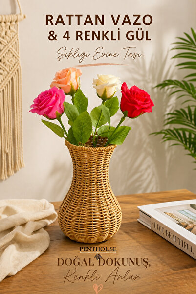 Penthouse Rattan Weave Decorative Vase with 4 Artificial Roses Natural Look f...