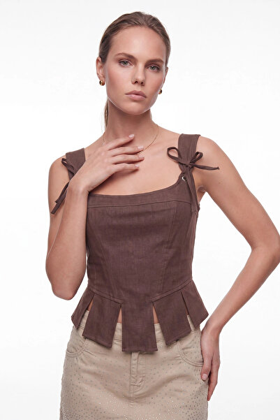 cemo Women's Tie-Strap Square Neck Corset Look Peplum Blouse