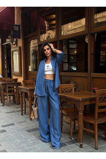 ParlaMira Women's Tencel Shirt Wide Leg Pants Two-Piece Set