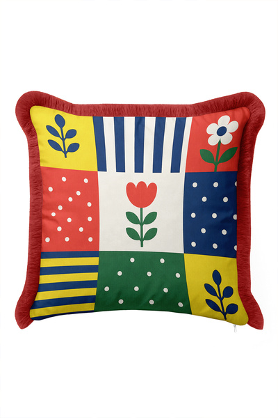 Evimde Bambaşka Modern Floral Patchwork Colorful Fringed Pillow Cover - Geome...