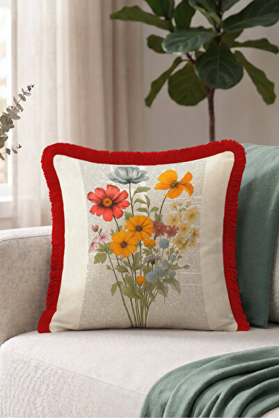 Evimde Bambaşka Vintage Floral Botanical Fringed Pillowcase - Nostalgic Garde...