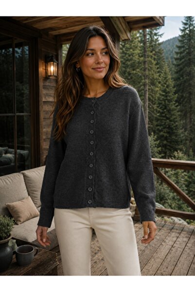 ARMİSSA Women's Anthracite Crew Neck Buttoned Knitwear Cardigan
