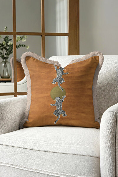 Evimde Bambaşka Exotic Leopard Figured Safari Fringed Pillowcase - Mink Cinna...