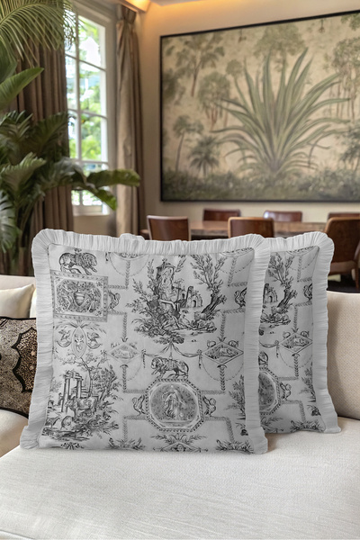 Evimde Bambaşka Vintage Toile De Jouy Fringed Pillowcase - Classic Pastoral G...