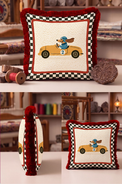Evimde Bambaşka Racing Car Dog Checkered Fringed Pillowcase-Retro Children's ...