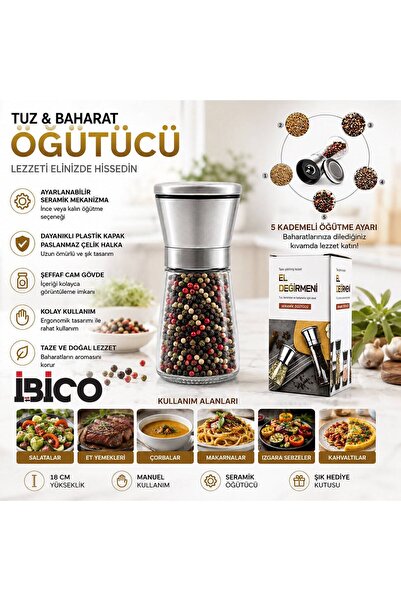 BuradaBuldun Seramik Öğütücülü 5 Kademe Ayarlı Tuz ve Karabiber El Değirmeni ...