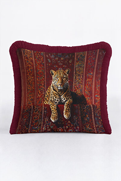Evimde Bambaşka Leopard Figure Oriental Pattern Fringed Pillowcase-Exotic Ani...