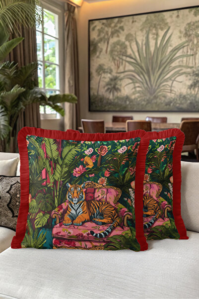 Evimde Bambaşka Exotic Tiger Tropical Fringe Pillowcase - Jungle Pink Red Tas...