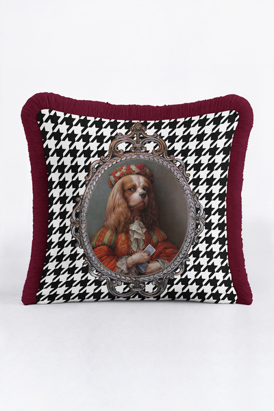 Evimde Bambaşka Houndstooth Baroque Dog Portrait Fringed Pillowcase-Palace Ec...