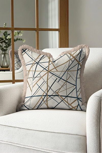 Evimde Bambaşka Geometric Striped Pattern Fringed Pillowcase-Ethnic Scandinav...