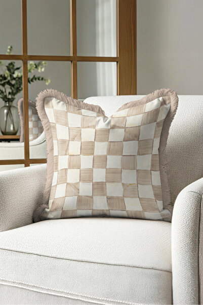 Evimde Bambaşka Plaid Geometric Beige Checkered Fringed Pillowcase-Soft Count...