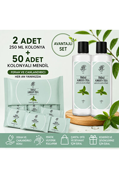 Rebul Green Tea 2x250 ml Cam Şişeli Kolonya + 50 Adet Green Tea Kolonyalı Men...