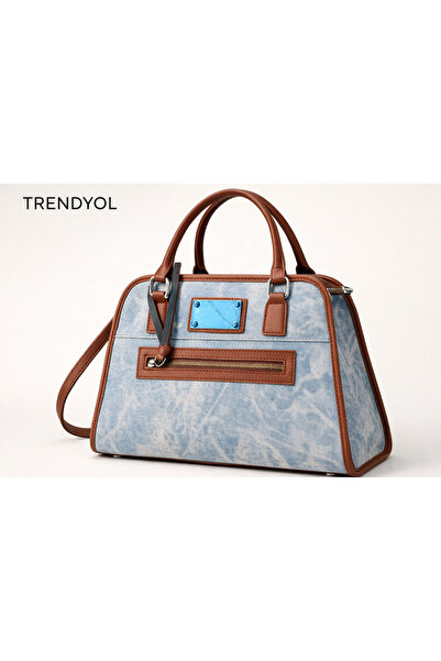 Denim Handbag with Brown Leather Trim – Casual Chic Style"