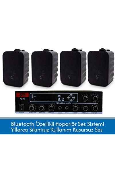 STİ Duvar Hoparlör Seti - 4 Adet Siyah Hoparlör + 1 Adet Bluetooth Amfi Ev, O...