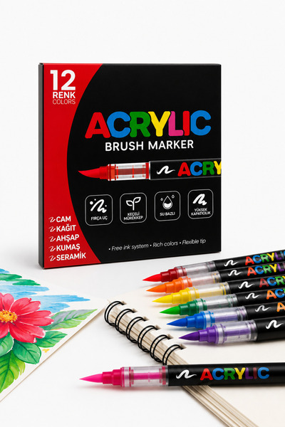 NaSaDAN 12 Renk Akrilik Brush Marker Kalem Seti – Fırça Uçlu Su Bazlı Akrilik...