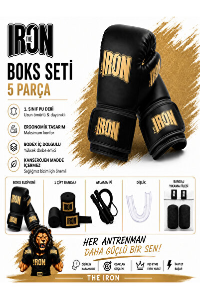 THE IRON 5 Piece Boxing Set - Boxing Gloves + 3.5m Bandage + Jump Rope + Mout...
