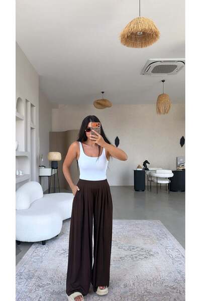 Buket Teke Kahverengi Önden Pileli Oys Model Dökümlü Pantolon