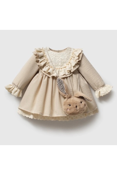 Alvadonna Baby Girl Dress with Collar Lace and Ruffles and Plush Bag as a Gift
