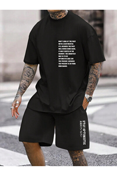 Boi Look Sentimental T-Shirt Shorts Koboistdin Set - Black Printed Oversize C...