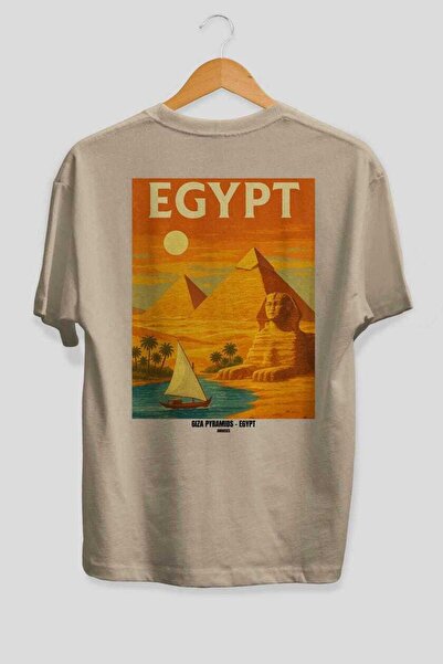 Ankhises Giza Pyramids Beige Oversize Country City Back Printed Unisex T-Shir...