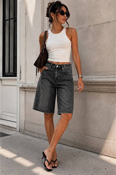 soBasic Women's High Waist Jeans Denim Bermuda Shorts Relaxed Fit Above Knee ...