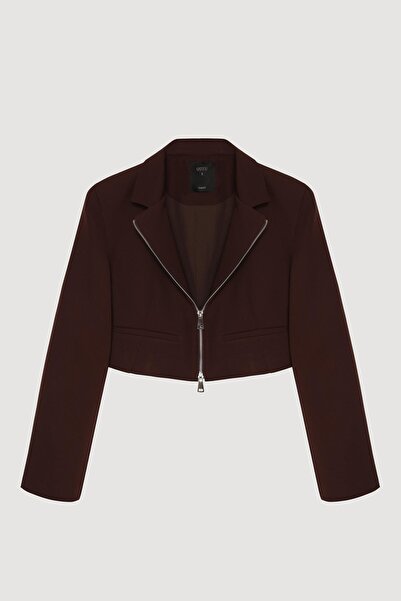 Quzu Önden Fermuarlı Crop Blazer Ceket Kahve