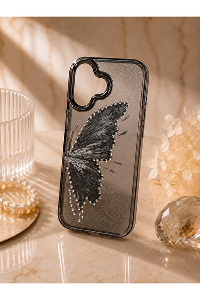 botyco Iphone 17 (6.3 inç) Uyumlu Simli Şeffaf Kelebek Desenli Renk Geçişli İ...