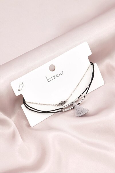 Bizou Women 3 Pieces Rope And Chain Anklet, Silver/Black