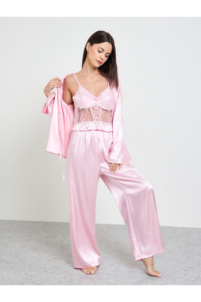 Take Two By Styli Pink Pack Of 3 - Satin Lace Cami, Robe And Pyjama Set