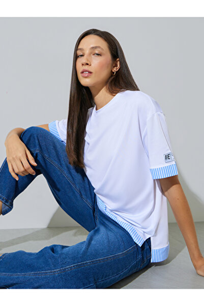 Styli White Layered Hem T-Shirt With Striped Detail
