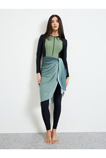 Styli Pack Of 3 - Color Block Swimsuit, Leggings And Wrap Skirt Burkini Set