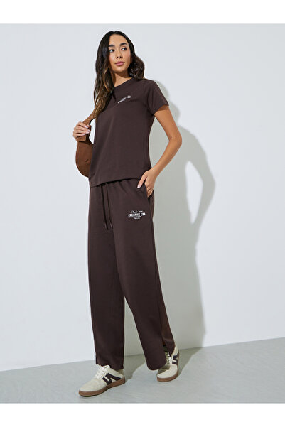 Styli Coffee Brown Text Print Cotton Blend T-Shirt and Joggers Co-ord Set