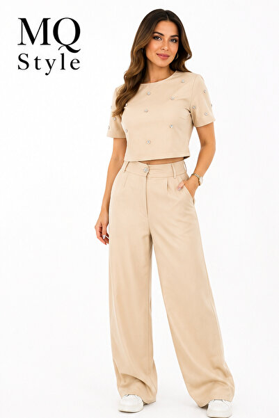 MQ Women's Casual 2 Piece Luxury Set - Rhinestone Detailed Crop Top & Trouser...