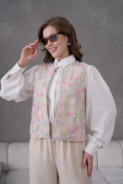 Moda Neval Floral Embroidered Linen Vest Set