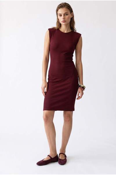 Mixray 2174 Women's Body-Fitting Padded Ribbed Midi Dress Burgundy
