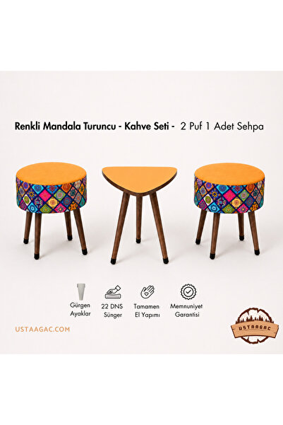 ustaagac Renkli Mandala Turuncu Çay Kahve Seti - 2 Puf + 1 Adet Sehpa