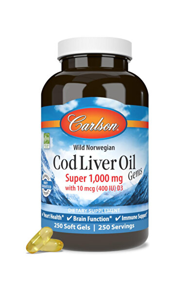 Carlson Cod Liver Oil Gems, Super 1000 mg, 250 mg Omega-3s, 400 IU (10 mcg) V...