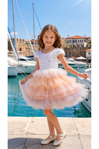 Lindissima Girl's White Lace Detailed Gradient Layered Tulle Evening Dress fo...