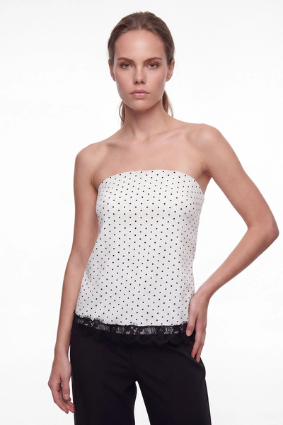 cemo Women's Polka Dot Strapless Lace Detailed Satin Blouse