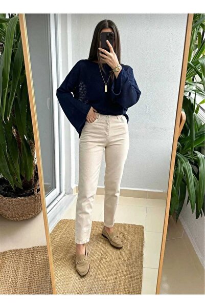 MAKRAS EXCLUSIVE Women's Cream High Waist Mom Jean Pants Stretchy