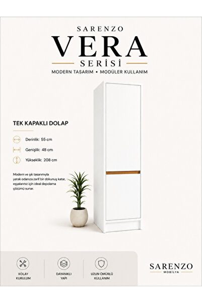 Sarenzo Vera Tek Kapaklı Gardırop Elbise Dolabı Çok Amaçlı Dolap Beyaz Meşe D...
