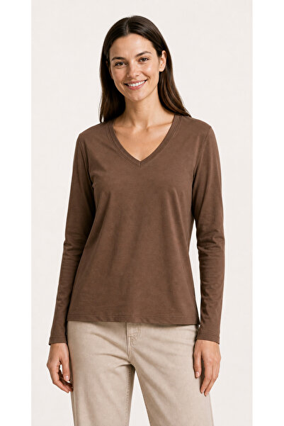 İncili Women's V-Neck Long Sleeve Single Jersey Combed Cotton Slim T-Shirt - ...