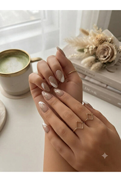 Shades On Nails Handmade Press-On Nails Set - Nude & White Abstract Swirl wit...