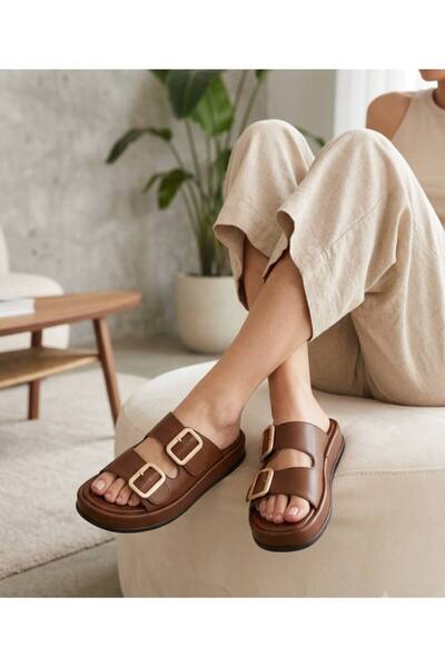 Daloğlu Brown Leather Two-Buckle Thick-Soled Women's Slippers