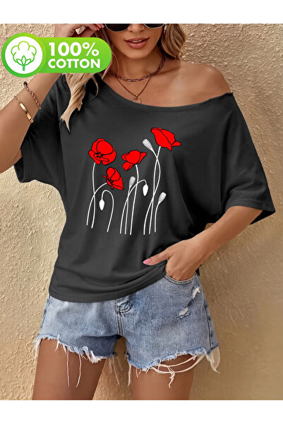 OVER HEAD Tricou de damă, 100% bumbac, cu imprimeu floral, cu decolteu bărcuț...
