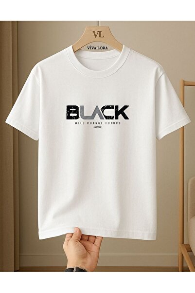 VİVA LORA Black Awesome Printed 100% Cotton Crew Neck Regular Unisex White T-...
