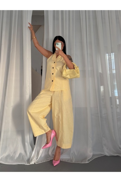 LB Laluna Butik Women's Linen Vest and Shalwar Pants Set
