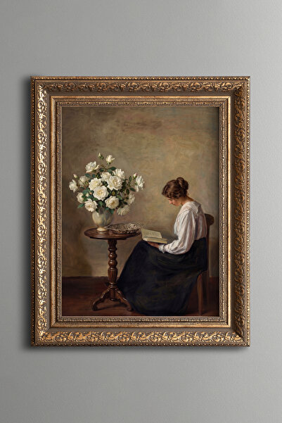 epiqart Woman Reading a Book and White Roses - Vintage Patterned Painting - T...
