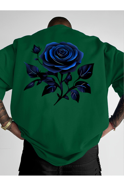 128 Men's Trendy Short Sleeve T-Shirt with Blue Rose Print for Casual Streetw...