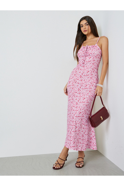 Take Two By Styli Pink Floral Strappy Fit And Flare Maxi Dress